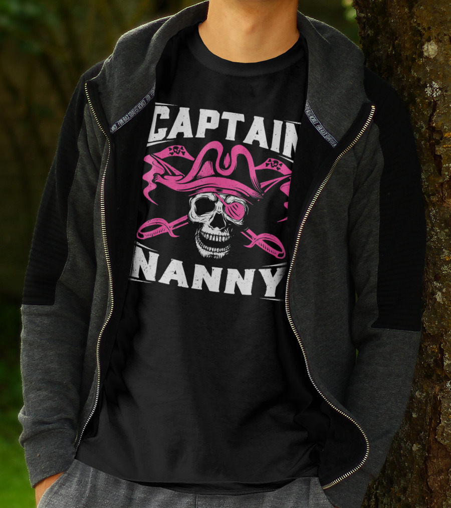 Captain Nanny Skull Pink Pirate Hat Crossed Swords T-Shirt