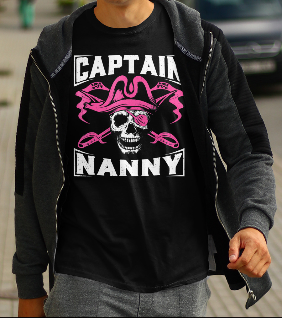 Captain Nanny Skull Pink Pirate Hat Crossed Swords T-Shirt