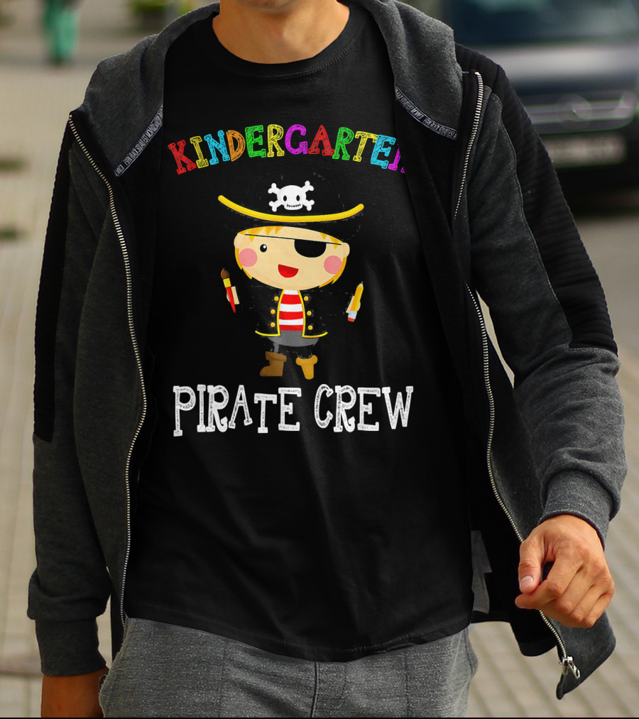 Kindergarten Pirate Crew Sketched Colorful Text With Pirate Boy Holding Crayons T-Shirt
