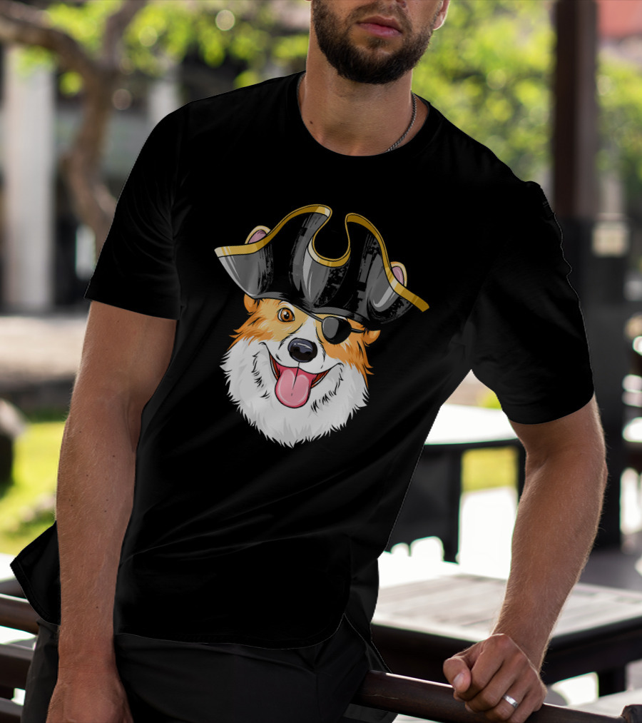 Pirate Corgi Wearing Black Tricorn Hat And Eye Patch T-Shirt