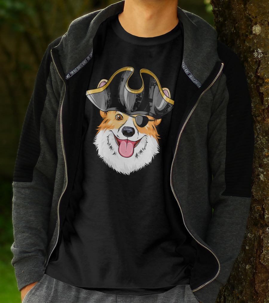 Pirate Corgi Wearing Black Tricorn Hat And Eye Patch T-Shirt