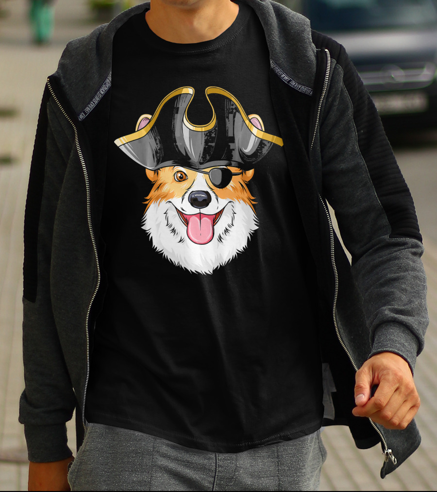Pirate Corgi Wearing Black Tricorn Hat And Eye Patch T-Shirt