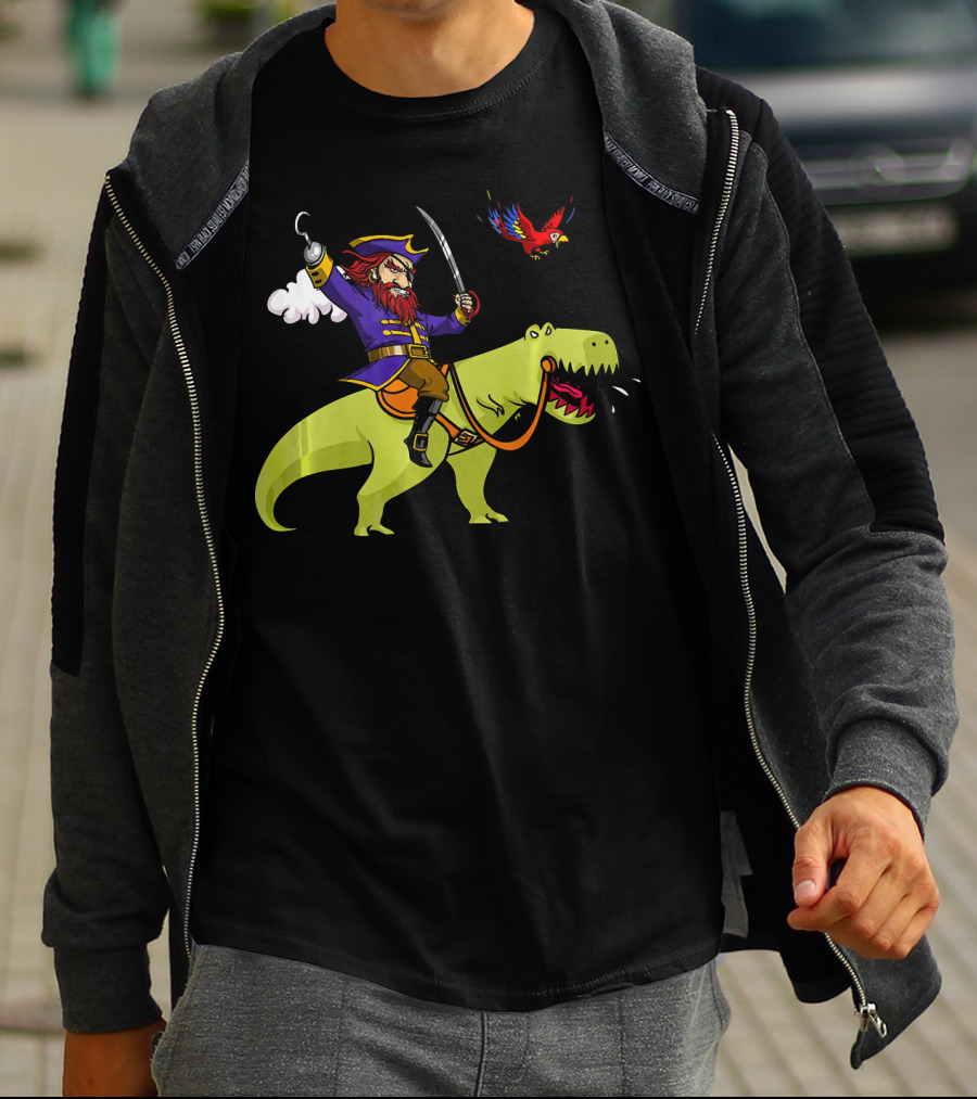 Pirate Sailor Rides T-Rex Dinosaur With Parrot T-Shirt