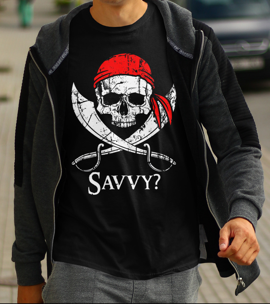 Savvy Pirate Skull And Crossbones With Red Bandana And Swords T-Shirt