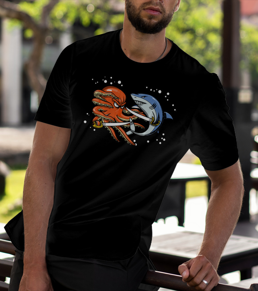 Shark Pirate Vs. Octopus Sailor Captain Sword Battle T-Shirt