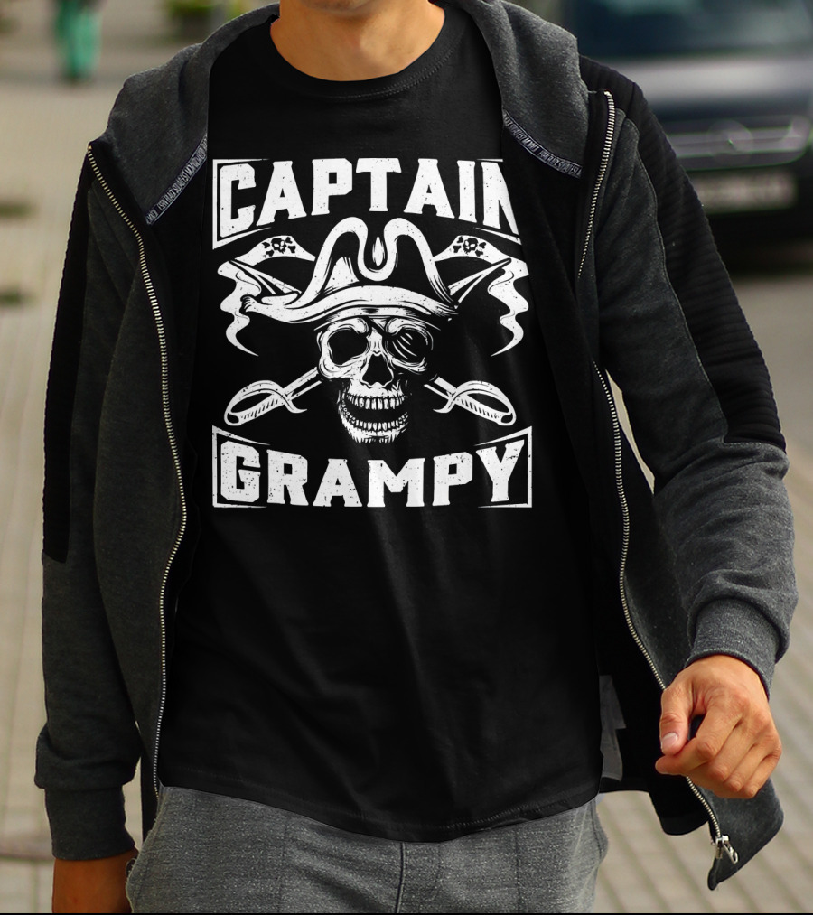 Captain Grampy Pirate Skull And Crossed Swords Motif T-Shirt