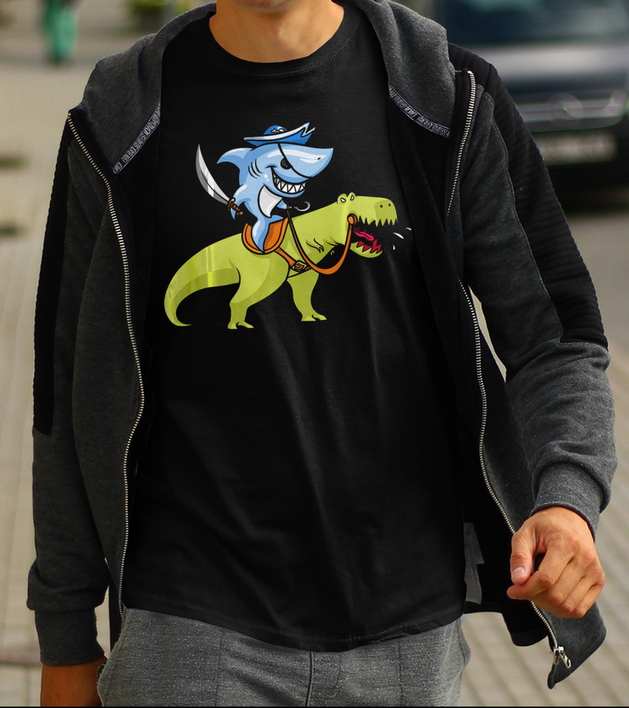 Shark Pirate Riding T-Rex Dinosaur Fun Adventure T-Shirt