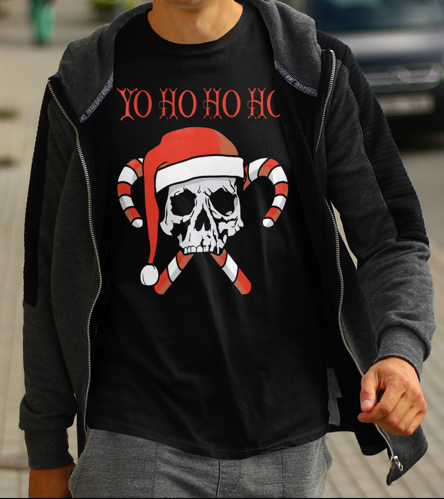 Yo Ho Ho Ho Christmas Pirate Santa Skull With Candy Canes T-Shirt