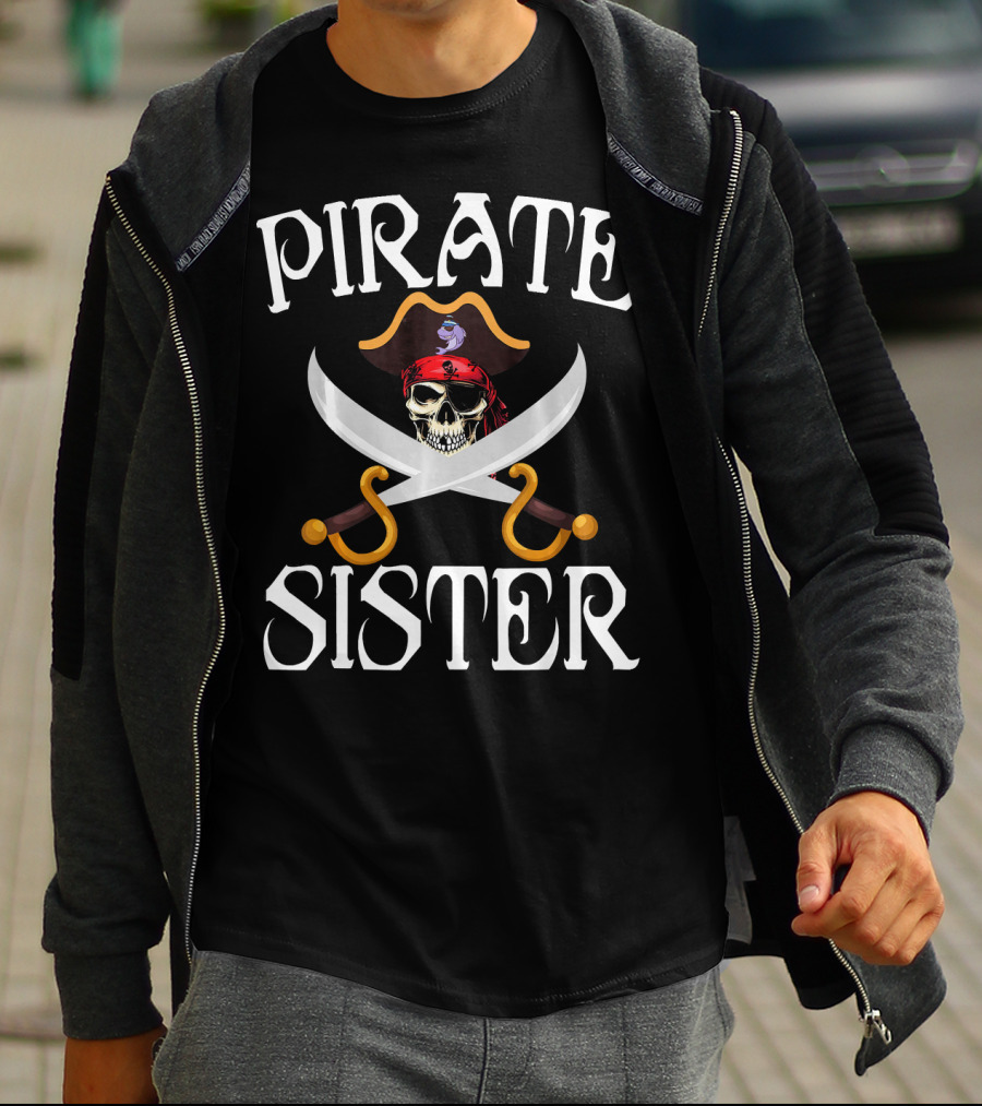 Pirate Sister Crossbones Skull Captain Hat Swords T-Shirt