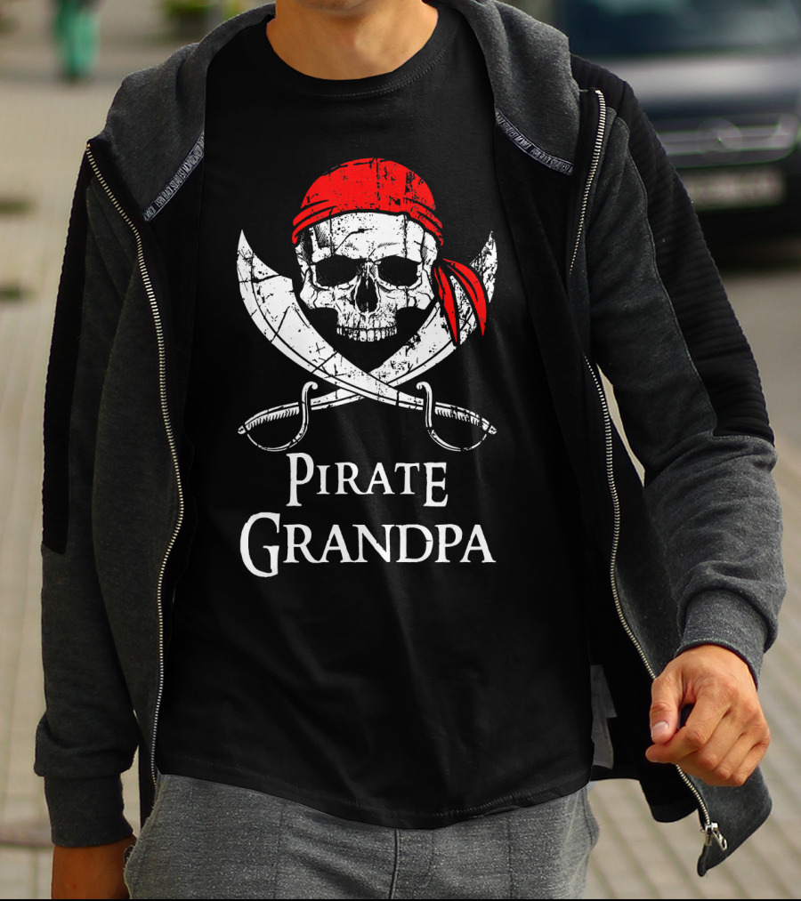 Pirate Grandpa Skull Crossed Swords Red Bandana T-Shirt