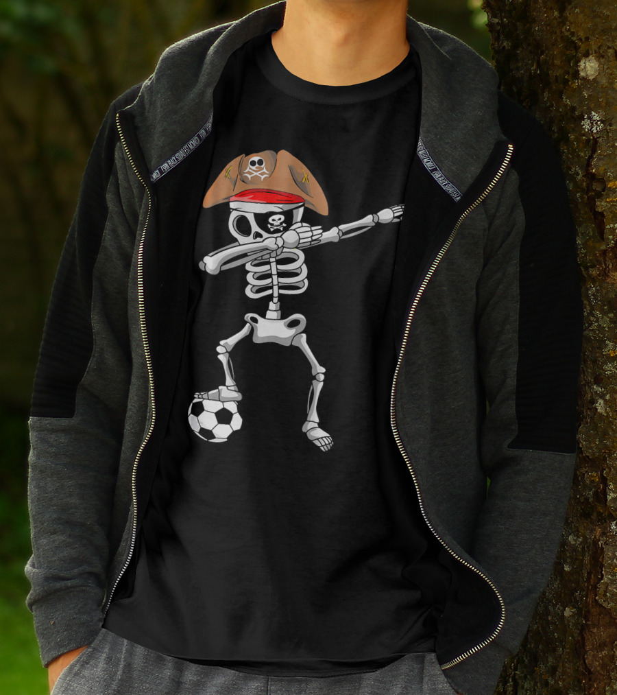Skull Soccer Pirate Skeleton Dabbing With Eye Patch And Hat T-Shirt