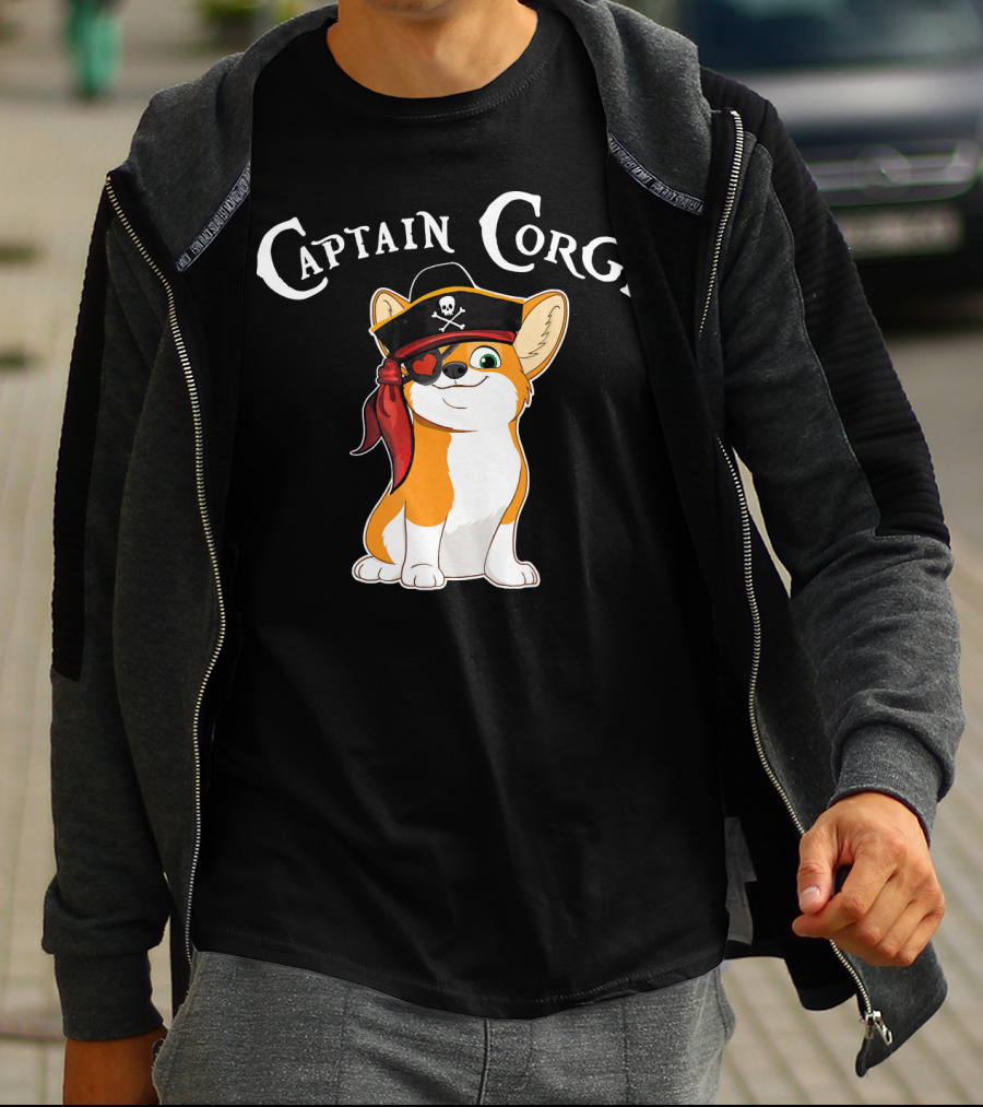 Captain Corgi Pirate Dog With Eyepatch And Skull Hat T-Shirt