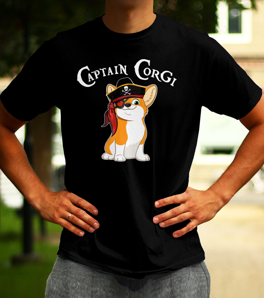 Captain Corgi Pirate Dog With Eyepatch And Skull Hat T-Shirt
