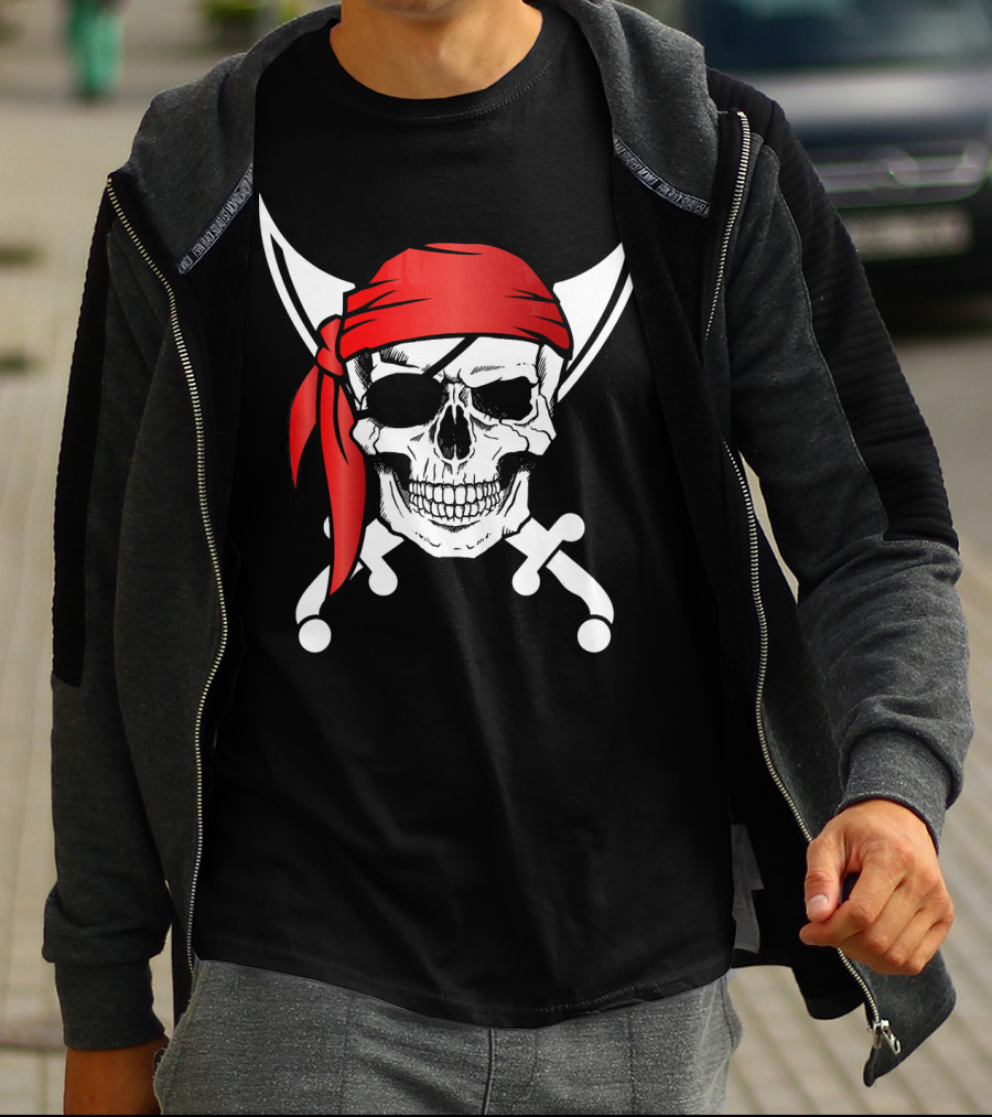 Pirate Skull Red Bandana Crossed Knives Iconic T-Shirt