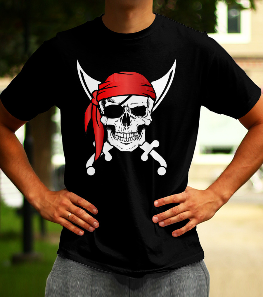 Pirate Skull Red Bandana Crossed Knives Iconic T-Shirt