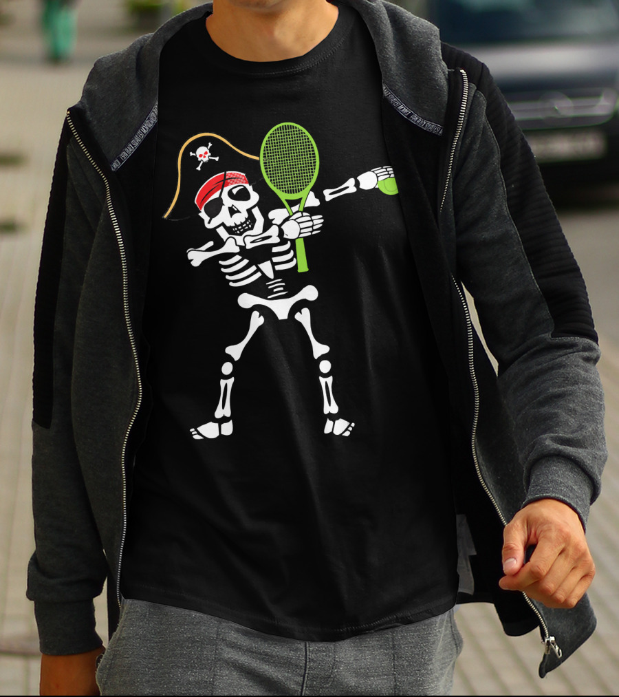 Tennis Dabbing Skeleton With Pirate Hat And Racket T-Shirt