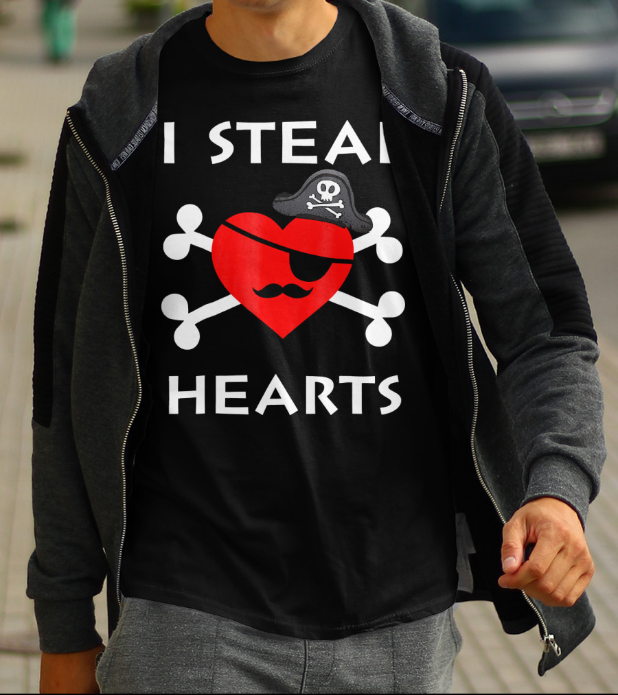 I Steal Hearts Valentine Day Pirate Eyepatch Skull Crossbones T-Shirt