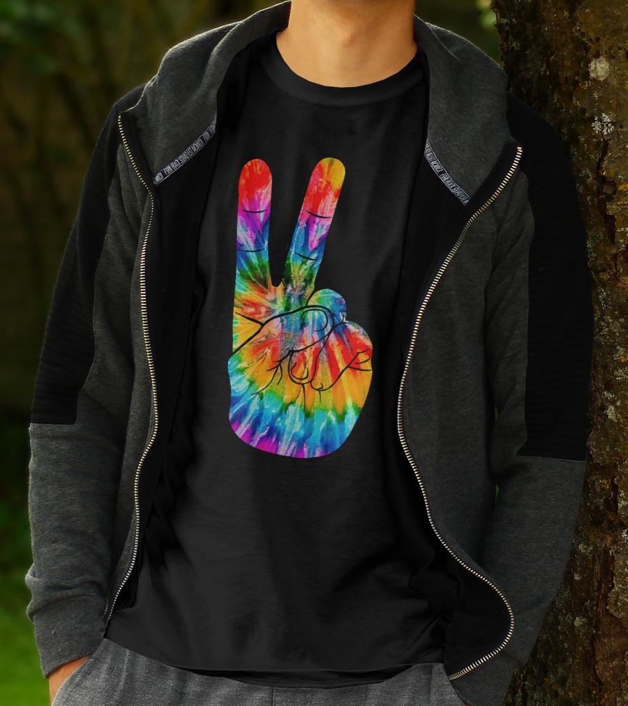 Tie Dye Peace Sign Hand V Victory Love Rainbow T-Shirt