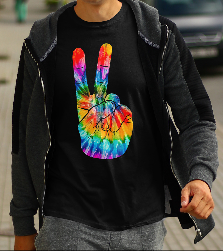 Tie Dye Peace Sign Hand V Victory Love Rainbow T-Shirt