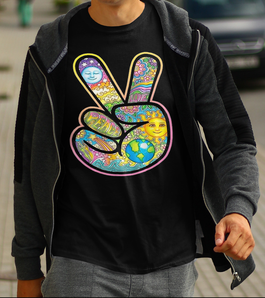 Peace Love Trippy Sun And Moon Psychedelic Earth Groovy Harmony T-Shirt