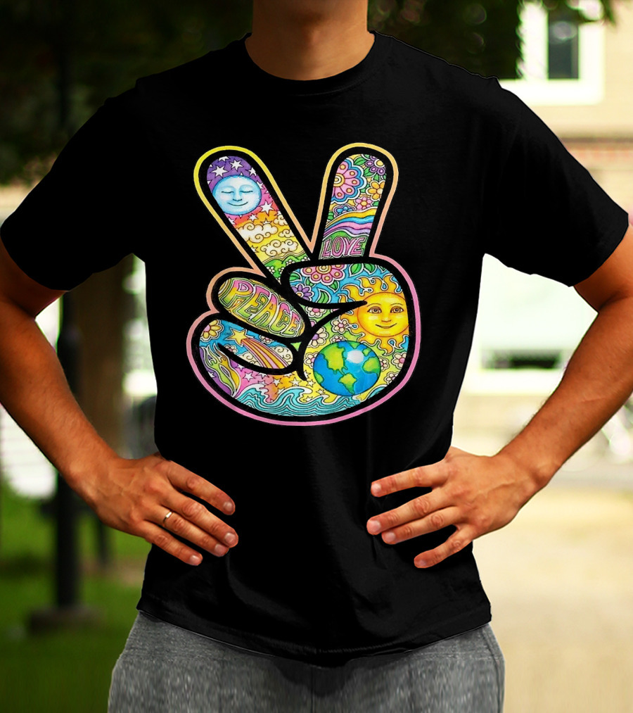 Peace Love Trippy Sun And Moon Psychedelic Earth Groovy Harmony T-Shirt