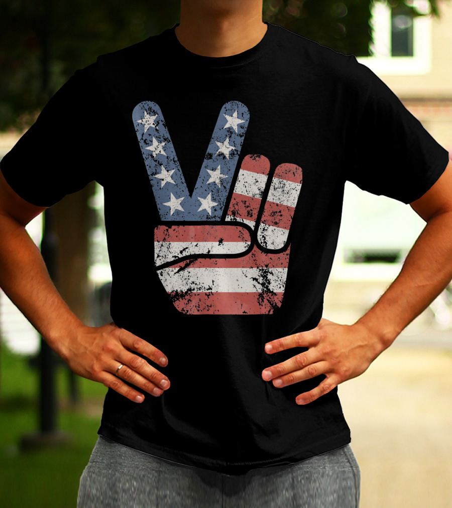 USA Big Peace Hand Sign American Flag T-Shirt