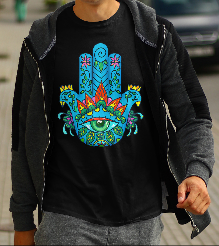 Hamsa Hand Spiritual Protection With Colorful Eye And Floral T-Shirt