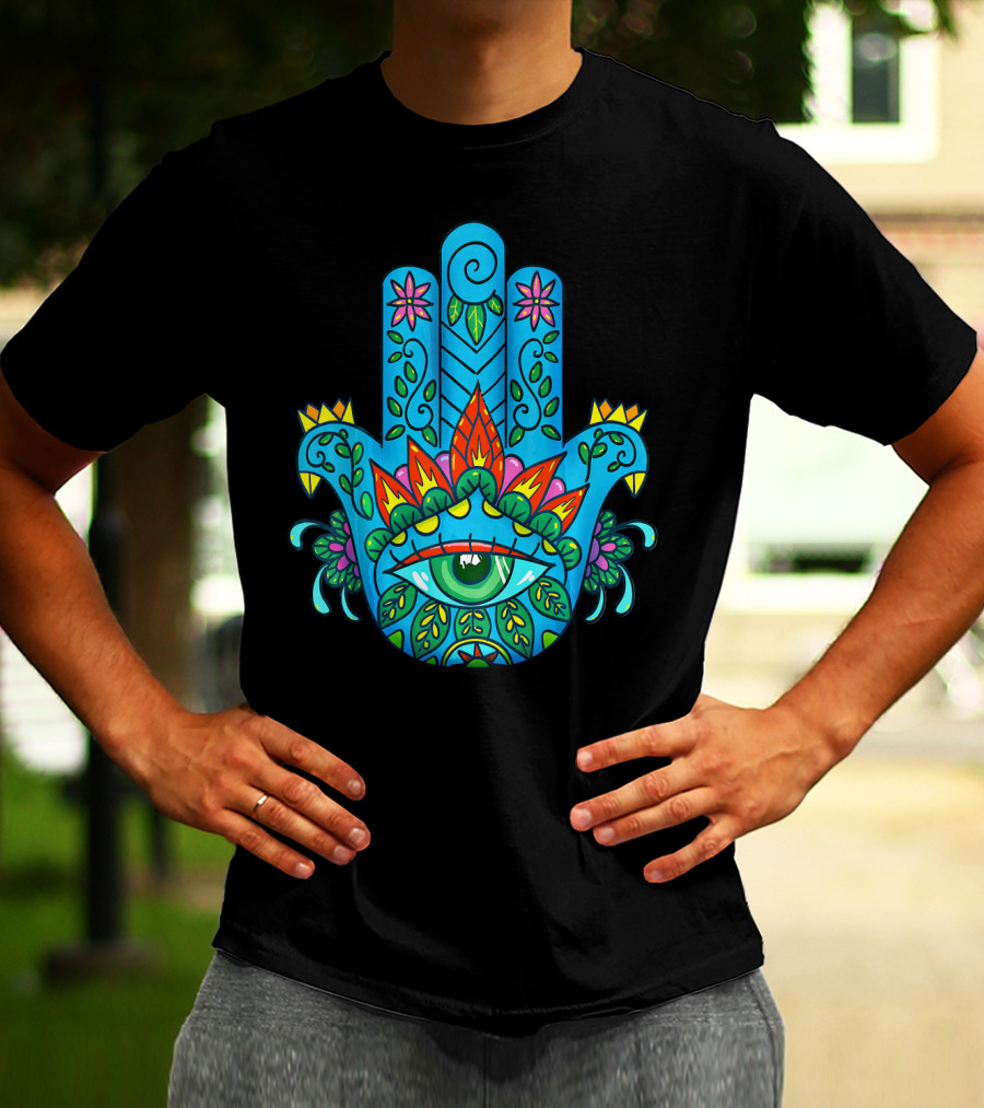Hamsa Hand Spiritual Protection With Colorful Eye And Floral T-Shirt
