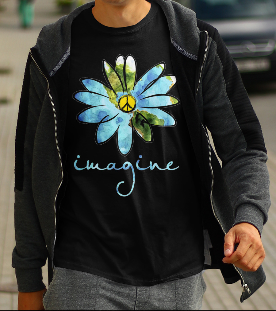 Imagine Peace Sign Flower World Map T-Shirt