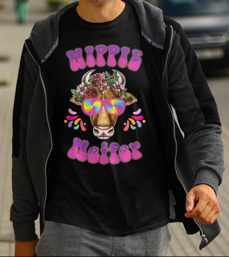 Hippie Heifer Peace Vintage Retro Cow With Floral Crown And Psychedelic Glasses T-Shirt