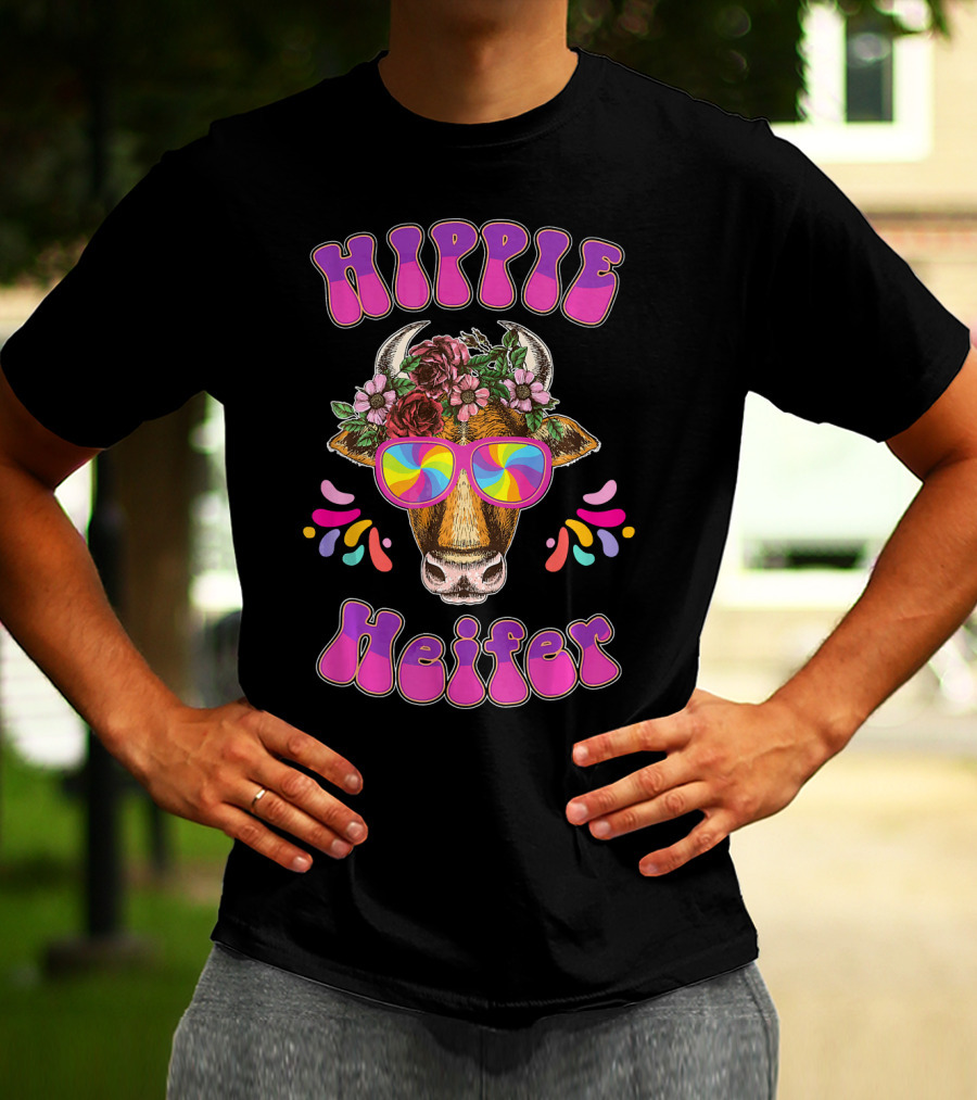 Hippie Heifer Peace Vintage Retro Cow With Floral Crown And Psychedelic Glasses T-Shirt