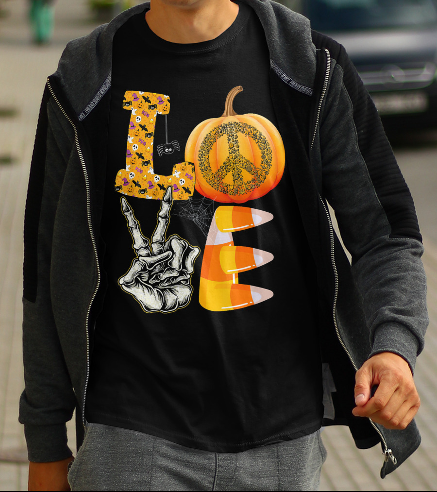 LOVE Halloween Peace Pumpkin Skeleton V Candy Corn T-Shirt