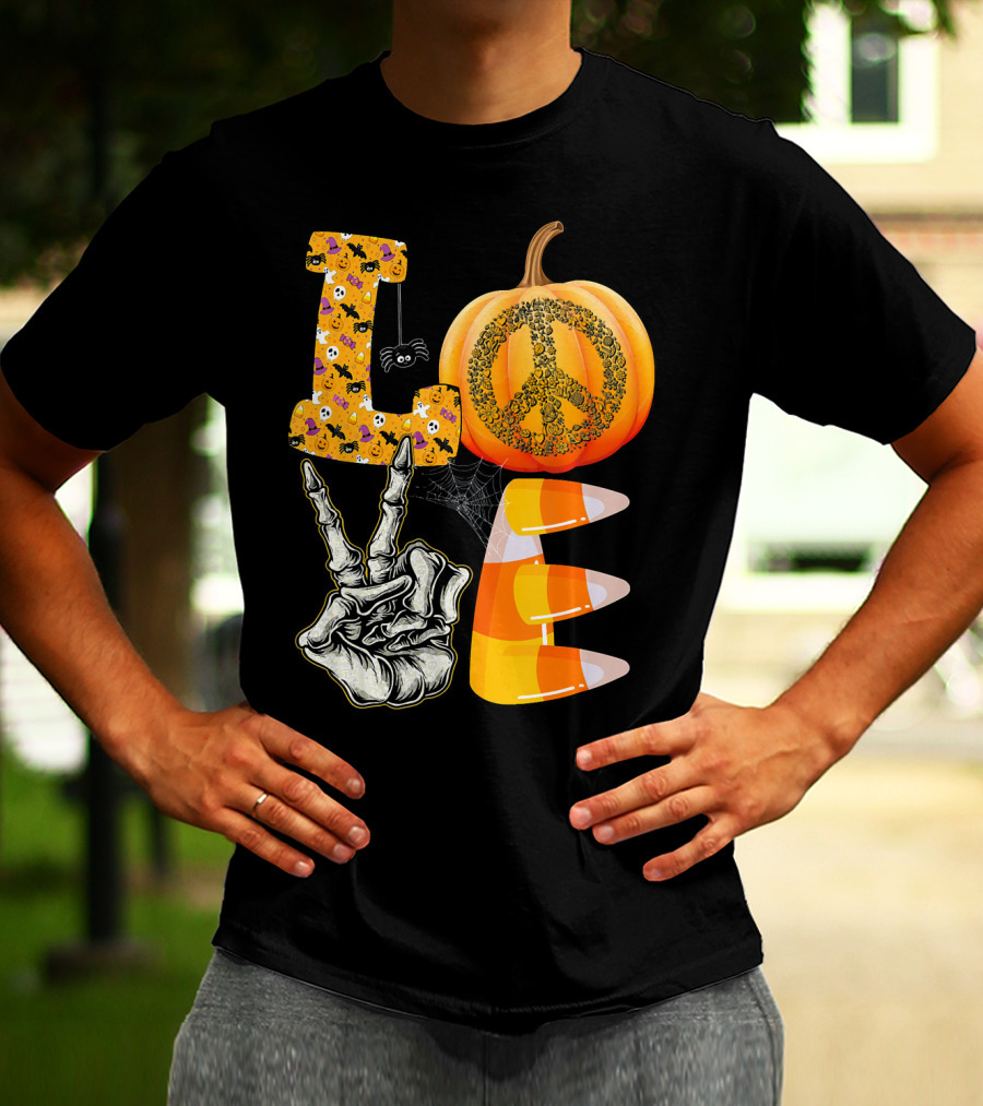 LOVE Halloween Peace Pumpkin Skeleton V Candy Corn T-Shirt