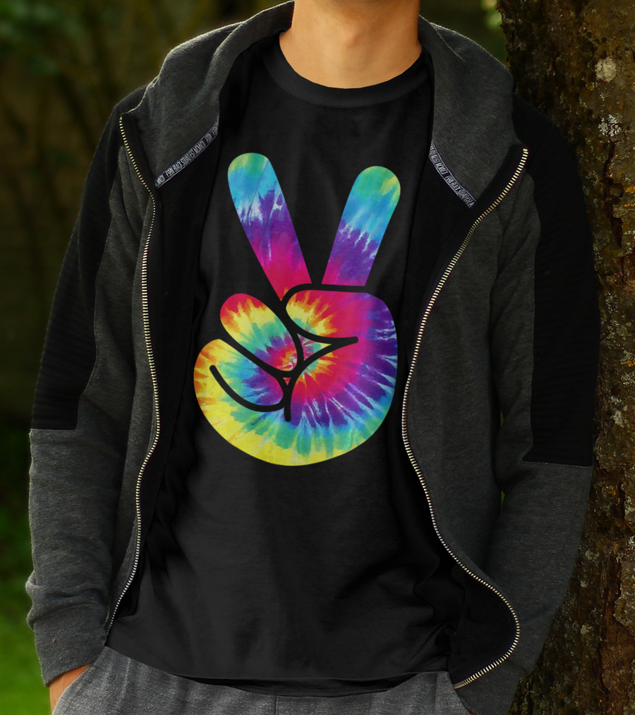 Groovy Tie Dye Peace Sign Two Finger Gesture T-Shirt