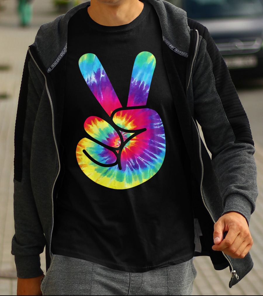 Groovy Tie Dye Peace Sign Two Finger Gesture T-Shirt