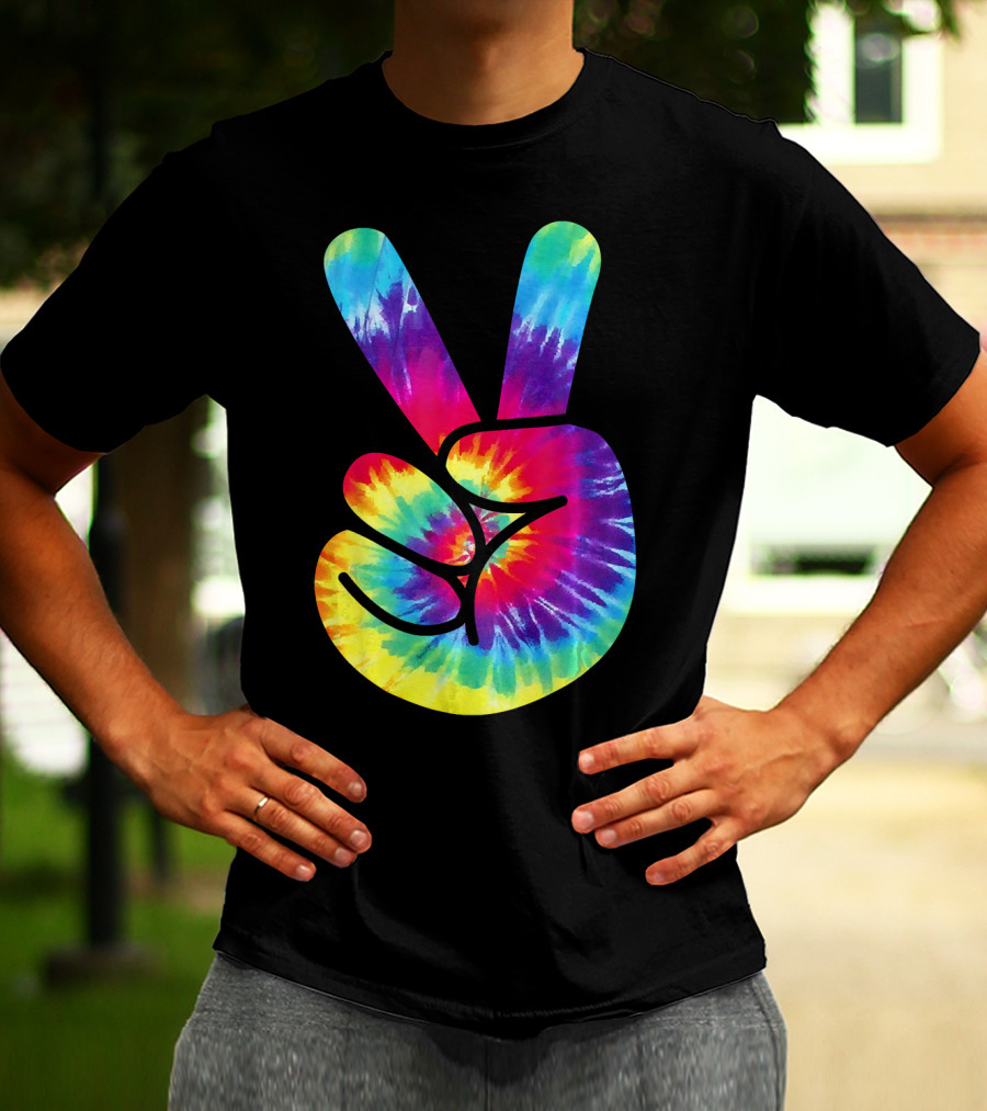 Groovy Tie Dye Peace Sign Two Finger Gesture T-Shirt