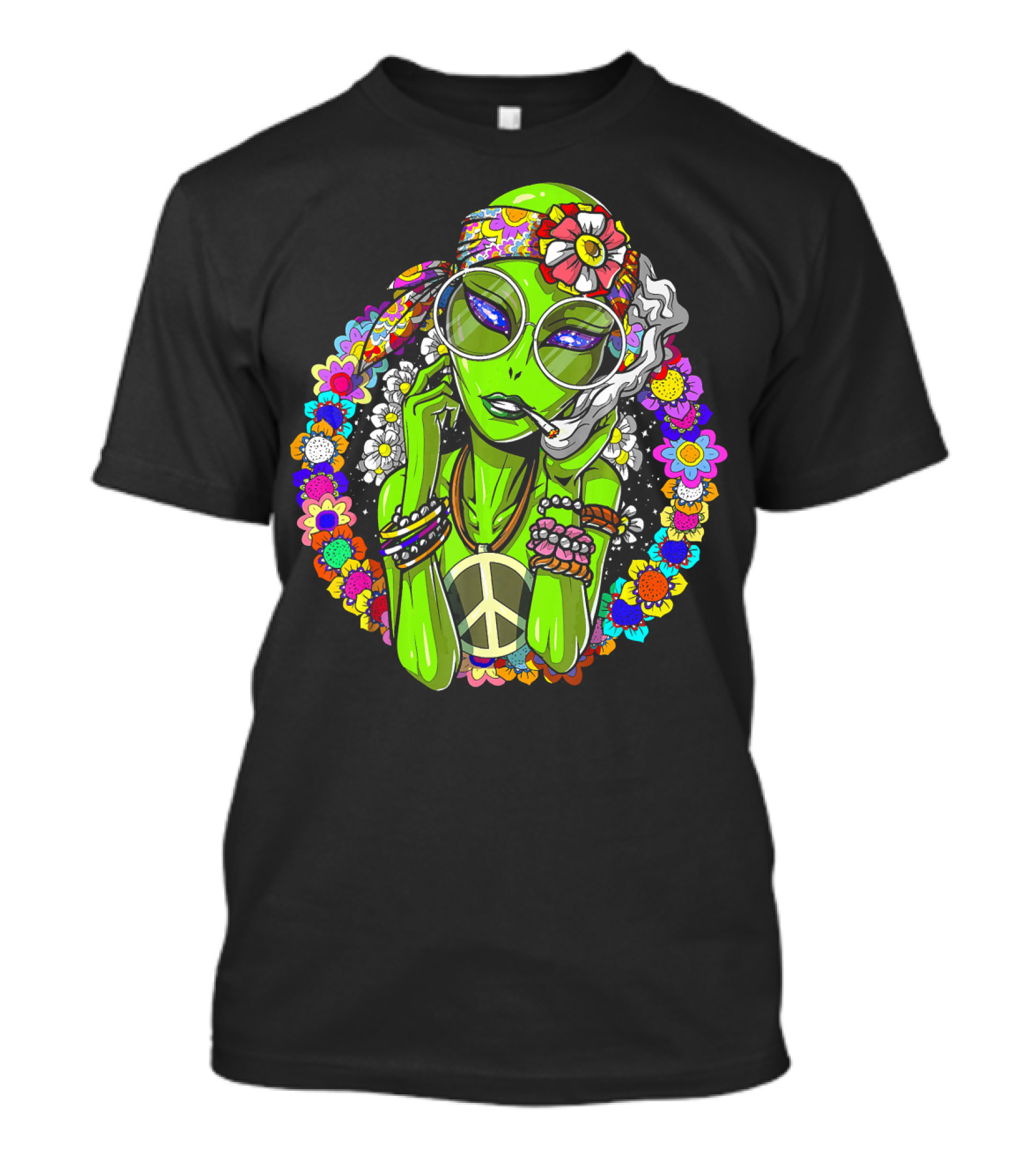 Psychedelic Hippie Alien Smoking With Peace Symbol Surrounded By Vibrant Flowers T-Shirt