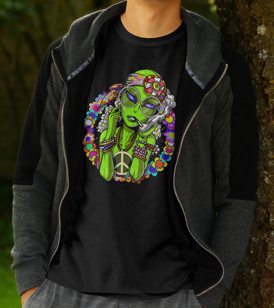 Psychedelic Hippie Alien Smoking With Peace Symbol Surrounded By Vibrant Flowers T-Shirt