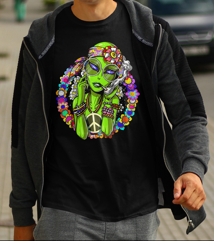 Psychedelic Hippie Alien Smoking With Peace Symbol Surrounded By Vibrant Flowers T-Shirt