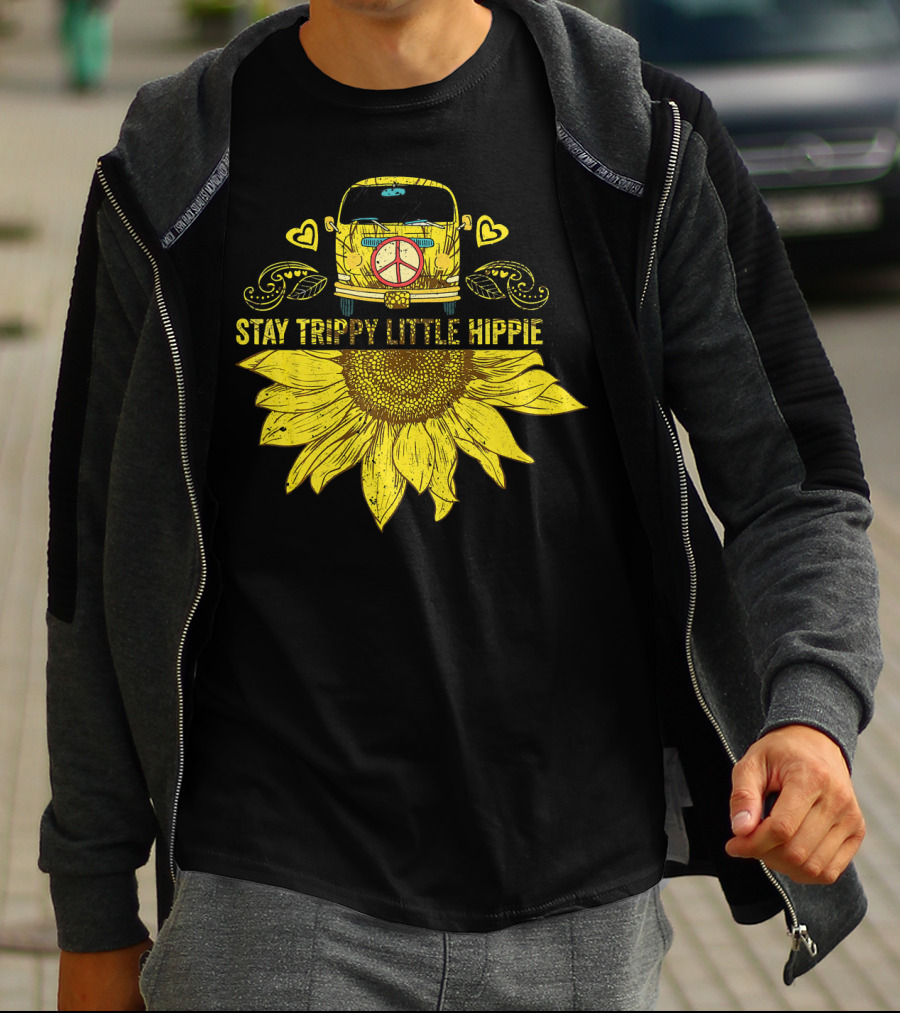 Stay Trippy Little Hippie Peace Sign Bus With Sunflower And Hearts T-Shirt