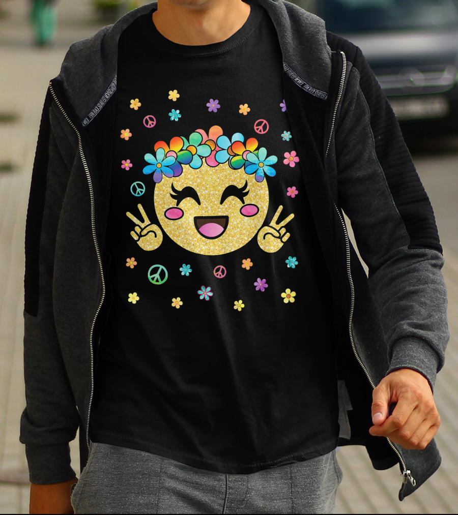 Emoji Kawaii Glitter Peace Rainbow Flower Crown T-Shirt