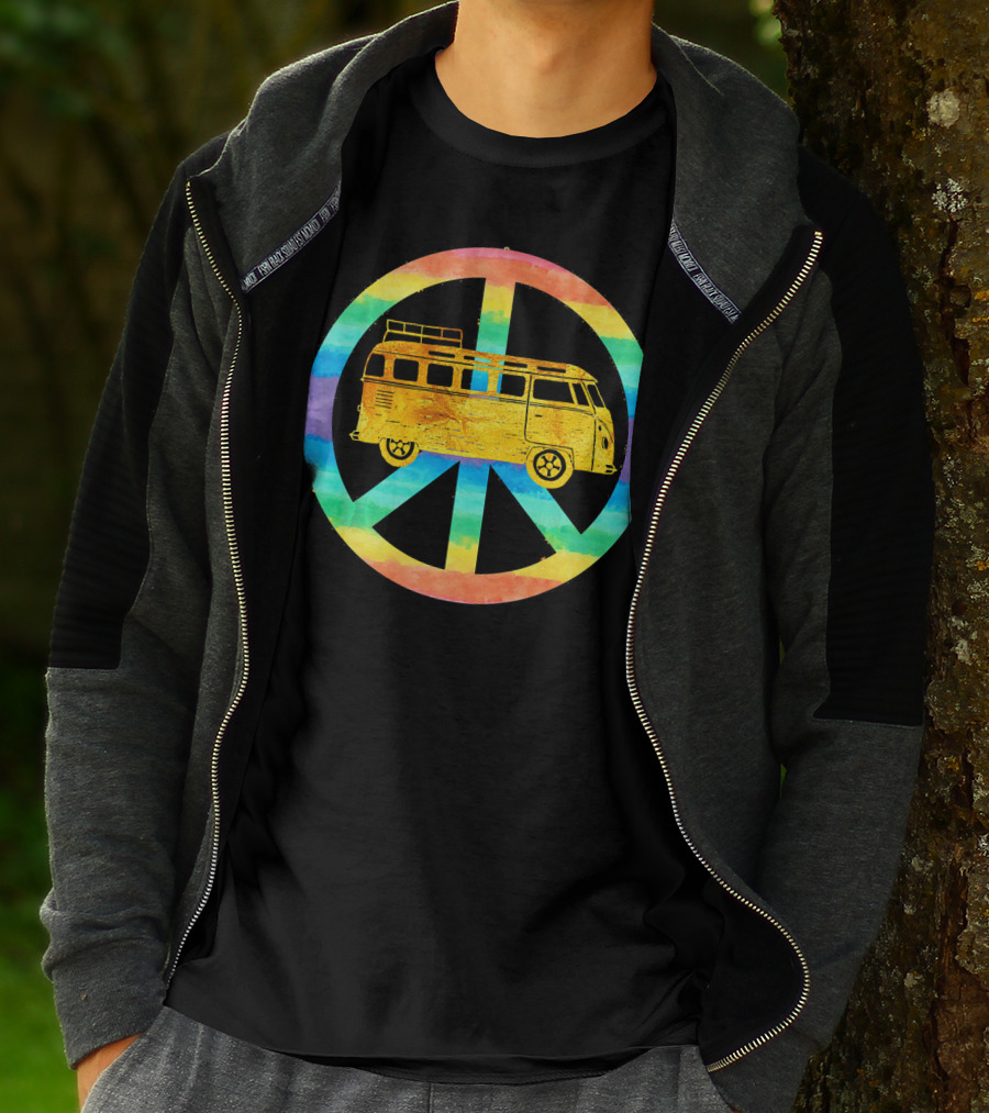 Vintage Hippie Bus Rainbow Van Peace Sign T-Shirt
