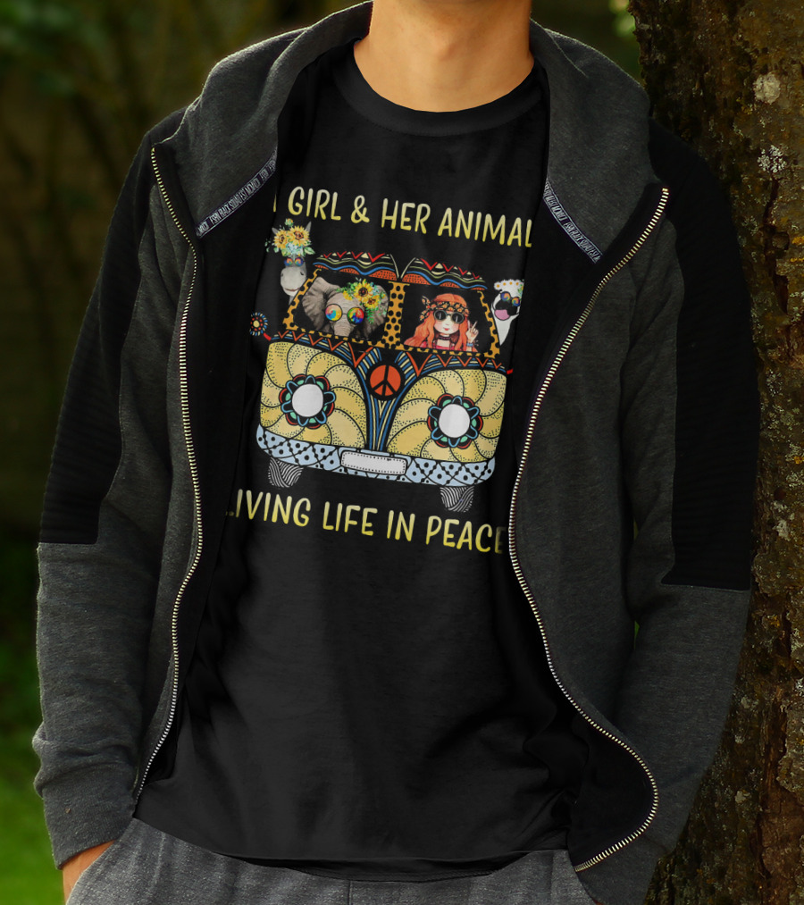 A Girl And Her Animals In A Hippie Van Living Life In Peace T-Shirt