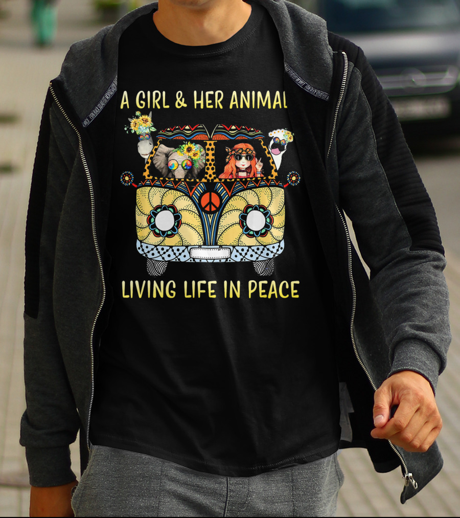 A Girl And Her Animals In A Hippie Van Living Life In Peace T-Shirt