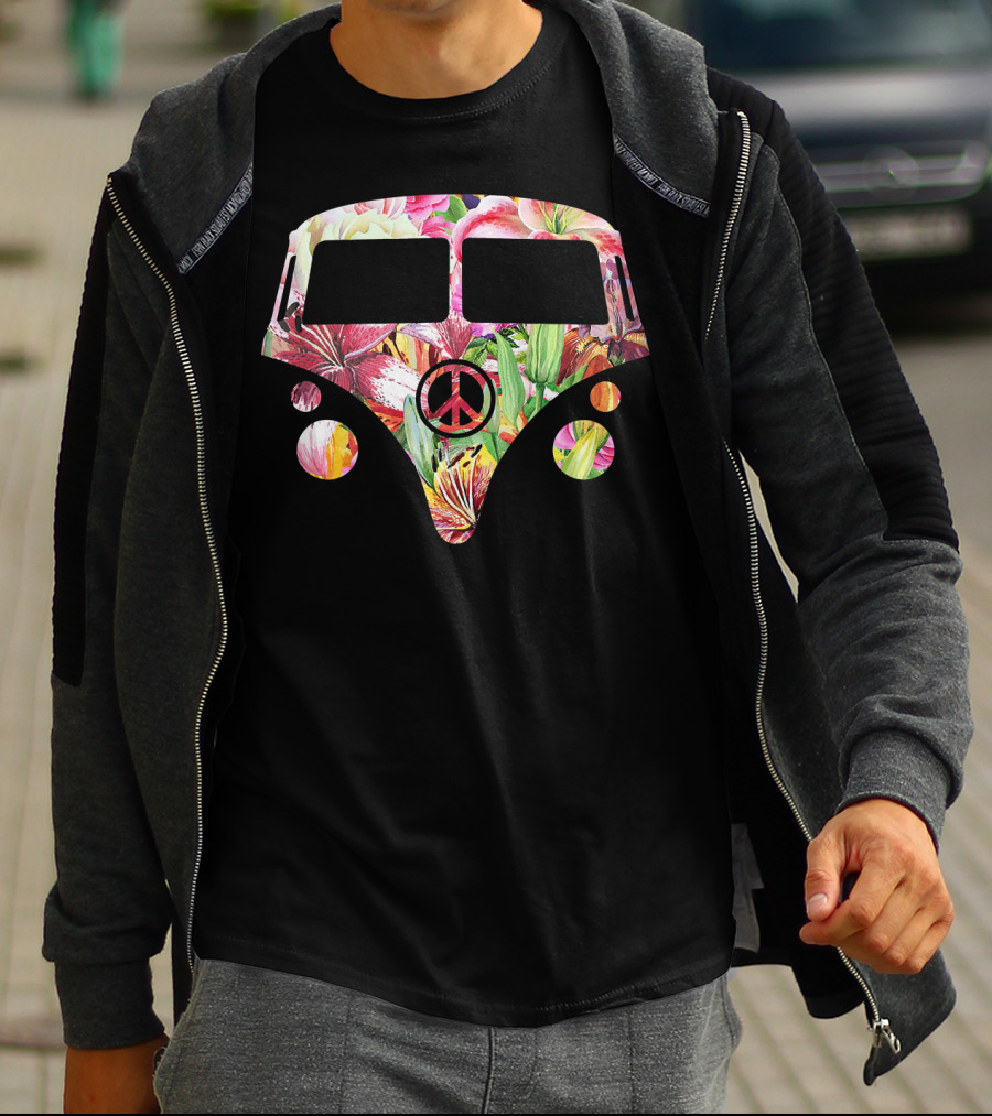 Peace Sign Floral Hippy Camper Van With Colorful Flower T-Shirt