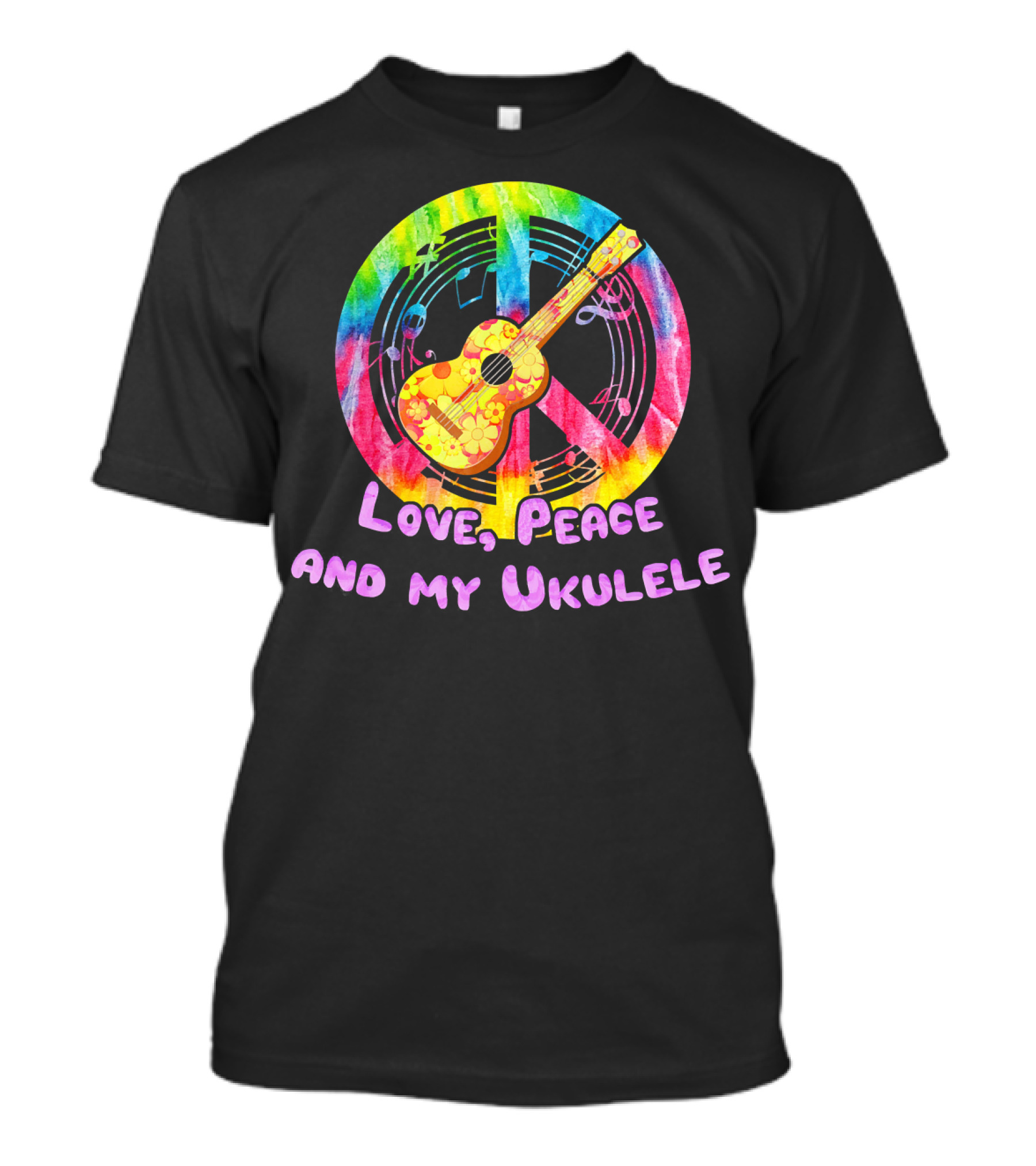 Love Peace And My Ukulele Music Hippi Rainbow Guitar Peace Sign T-Shirt