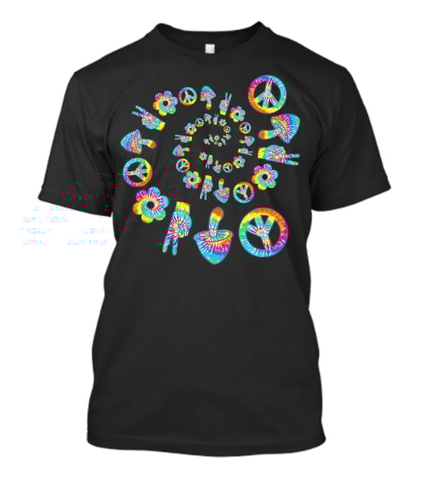 Trippy Peace Sign Tie-Dye Spiral With Colorful Hippie Mushroom And Flower Symbols T-Shirt