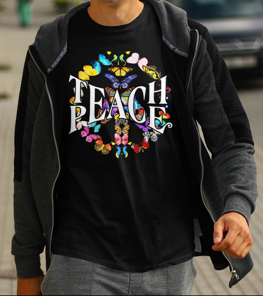 Teach Peace Colorful Butterfly Peace Sign T-Shirt