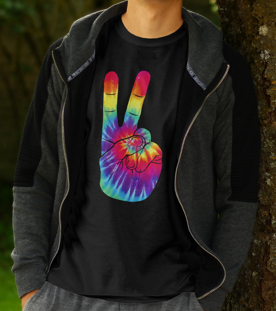 Tie Dye Peace Sign Hand Gesture Rainbow Victory T-Shirt