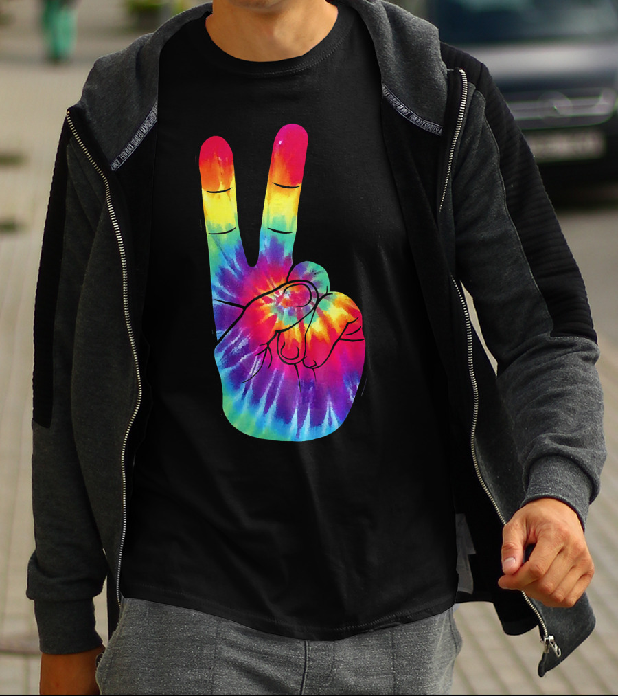 Tie Dye Peace Sign Hand Gesture Rainbow Victory T-Shirt